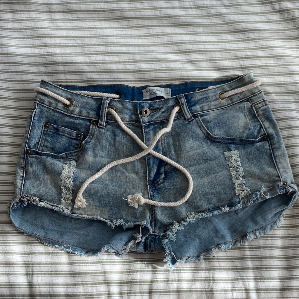 Ocean Drive Denim Blue Distressed Women Shorts with wrap cord